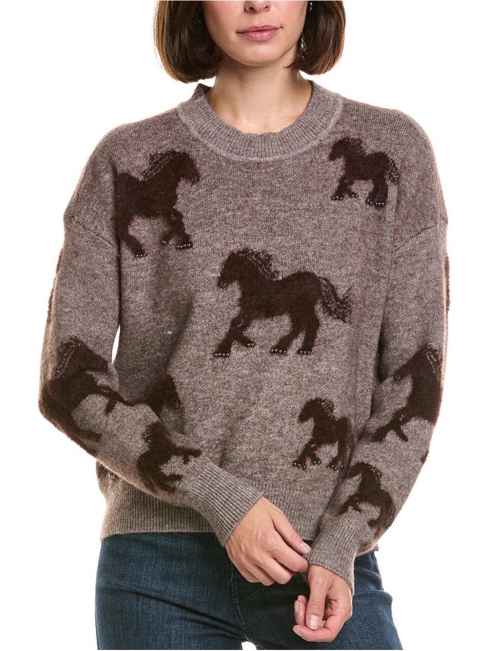 NEW Nannette FUZZY Taupe Crewneck Sweater Brown Horse Copper stud embellishments